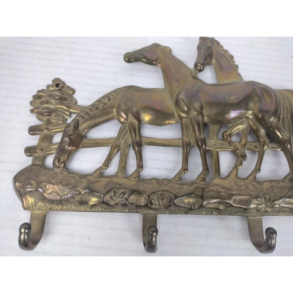 Vtg Brass Key Rack with Horses /Wall Rack Keyholder/Horse Art Italy? Patina!